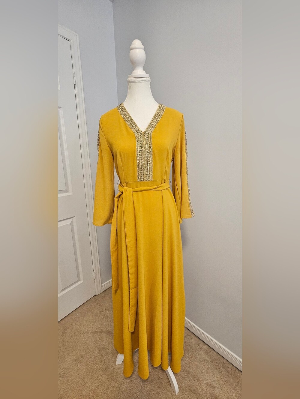 SHEIN Mustard Yellow Embellished V-Neck Maxi Dress with Tie Waist